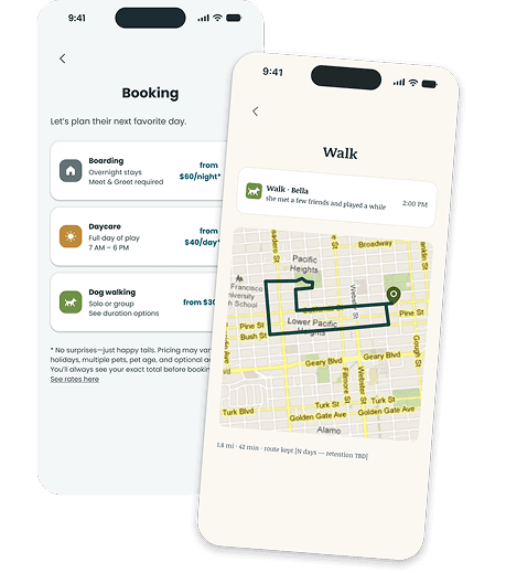 Two PetAppro app screens: a booking list and a live walk map