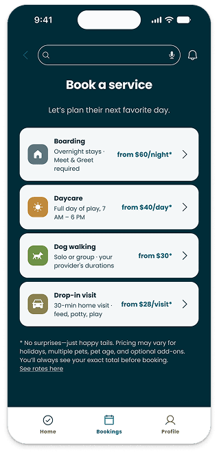 The PetAppro app: the Book a service screen, listing boarding, daycare, dog walking, and drop-in visits with starting prices